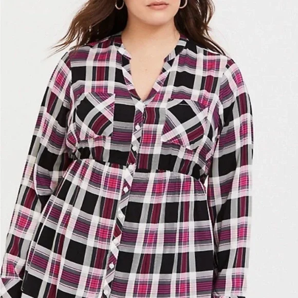 Torrid Pink and Black Plaid Button-Down Shirt - Picture 2 of 9